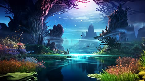serene fantasy landscape with glowing water and colorful vegetation