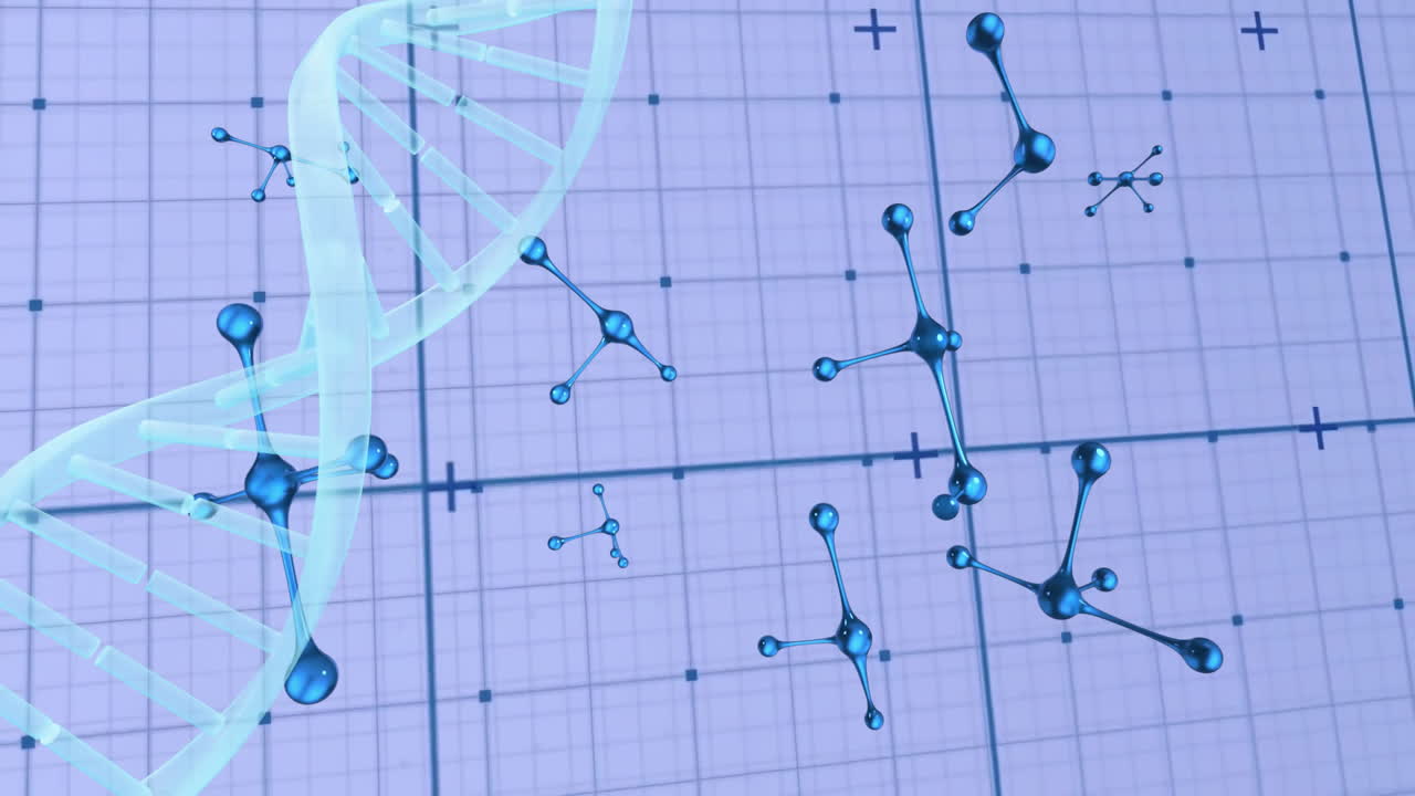 animación de moléculas sobre una cadena de adn que gira en una cuadrícula
