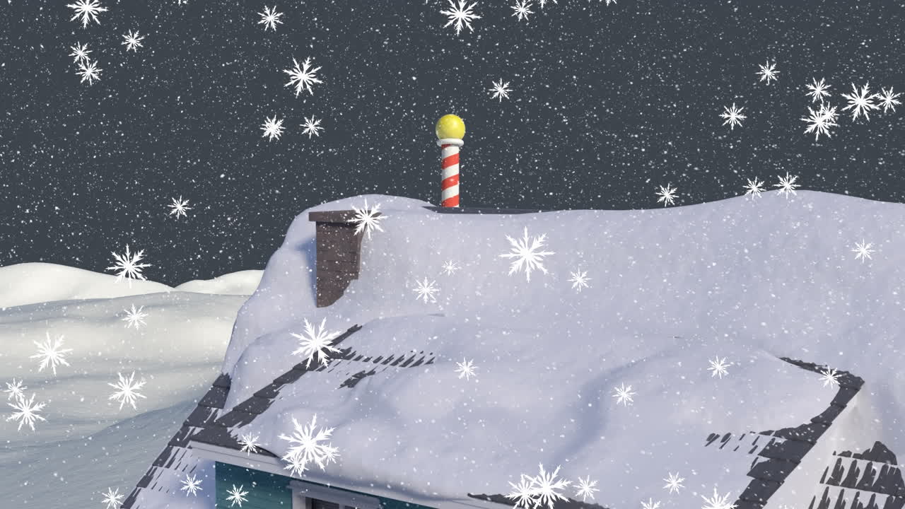 animación de nieve cayendo sobre el techo de la casa en el paisaje de invierno