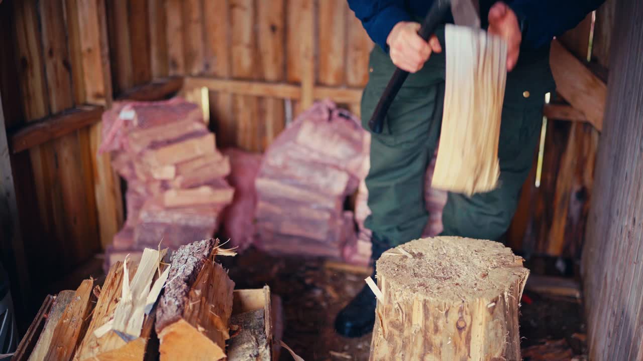 Close Up Of Man Chopping Woods With An Ax