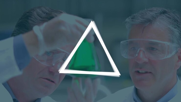 Animation of white triangles over caucasian male scientists in lab