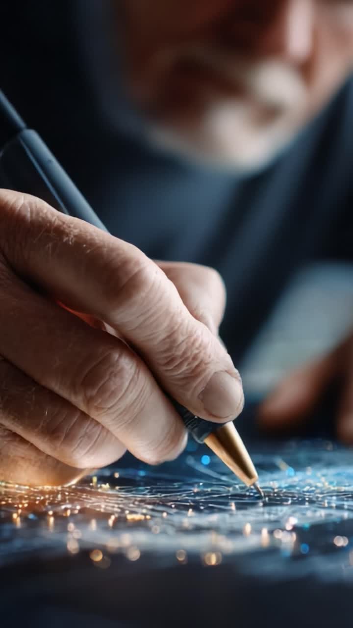 An Elderly Artisan Crafts Intricate Designs with a Gold-Tipped Pen, Capturing the Elegance of Manual Skills in a Detailed Artistic Process, Showcasing Creativity and Precision
