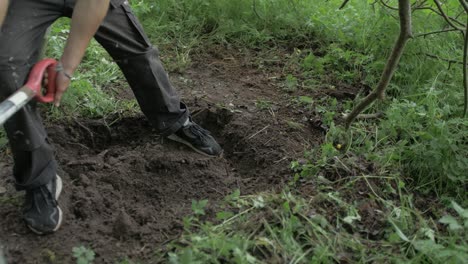 young shirtless man digging soil for gardening