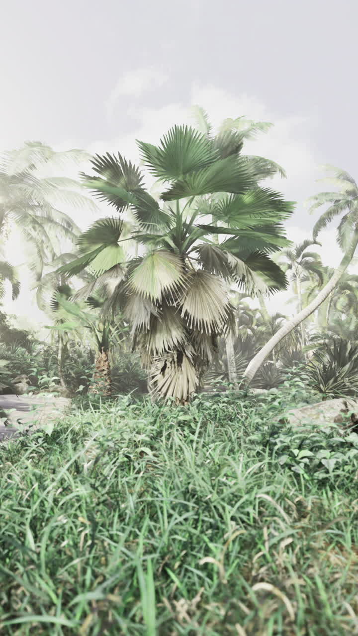 Tropical paradise with vibrant greenery and sunlight through palms