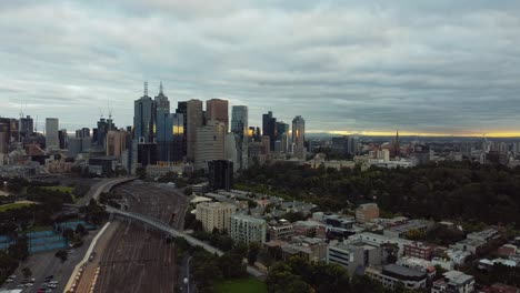 beautiful melbourne city skyline at sunset, quiet during the coronavirus outbreak in australia