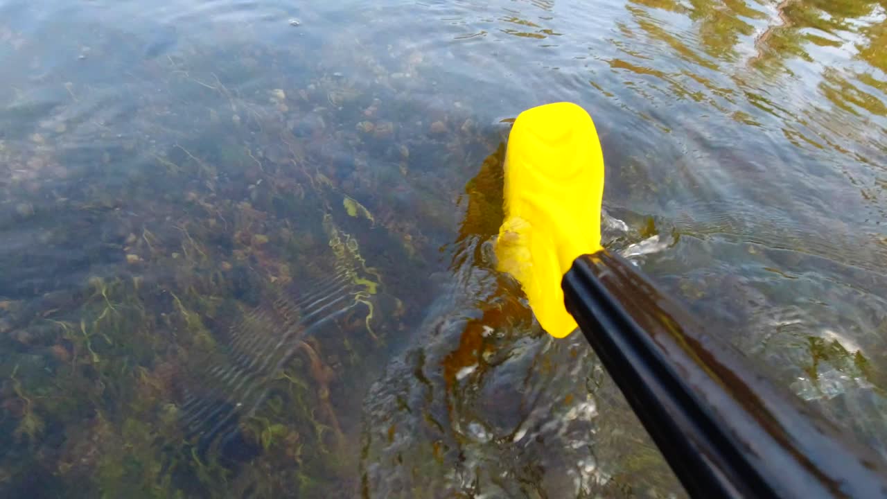Rowing oar point of view in a river propelling a raft forward.