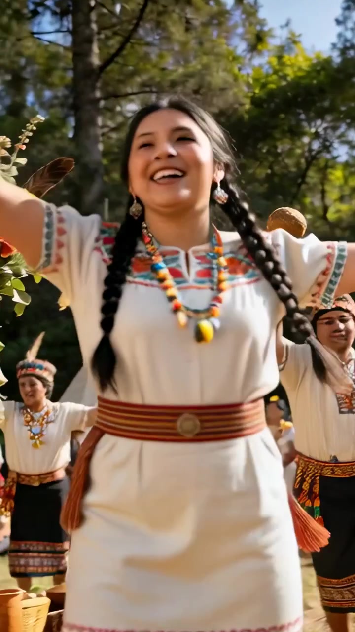 Video verticale: Donna indigena in abito che chiama, guida una danza in una radura per un rituale, agitando un ventaglio.