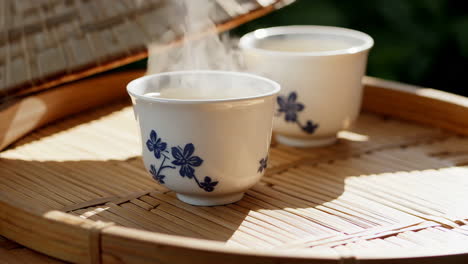 hot tea on a bamboo tray