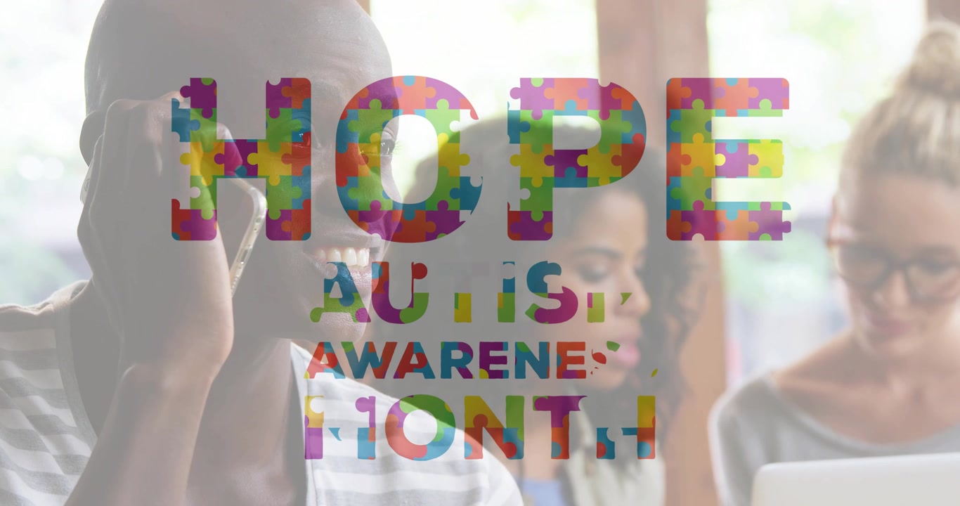 Playing HOPE overlay sliding across backdrop revealing man on phone, fading for autism month