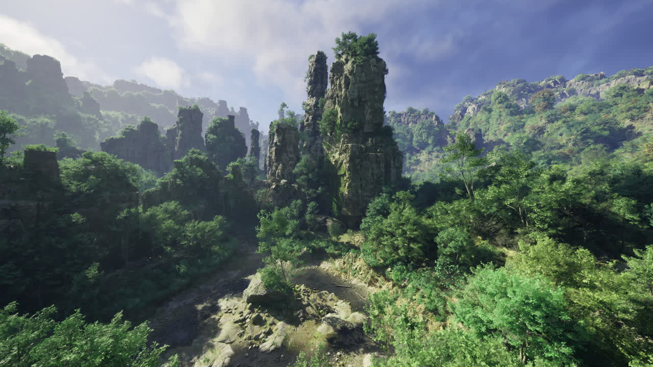 Majestic stone formations rise among lush green foliage in vibrant landscape