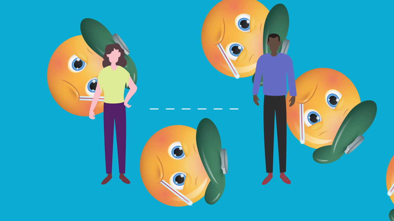 animación de emojis enfermos volando sobre la gente