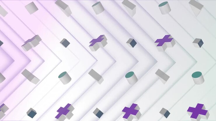Rows of colourful abstract shapes moving over white arrows