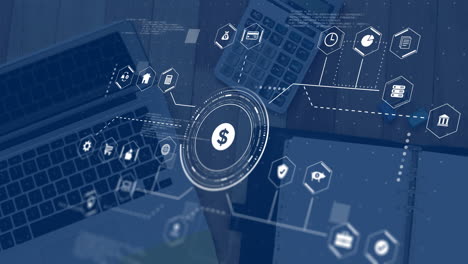 animation of connections with business icons and data processing over laptop