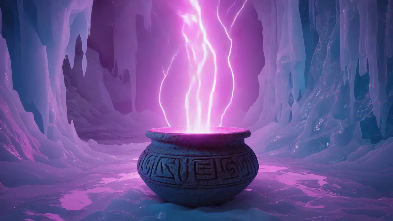 Mystical Cauldron in Ice Cave with Purple Lightning