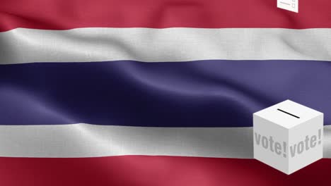 las papeletas de votación vuelan a la caja para la selección de tailandia - caja de votación frente a la bandera - elección - voto - bandera de tailandia - bandera de thailandia alto detalle - bandera nacional tailandia patrón de ondas elementos en bucle - textura de tela y bucle sin fin