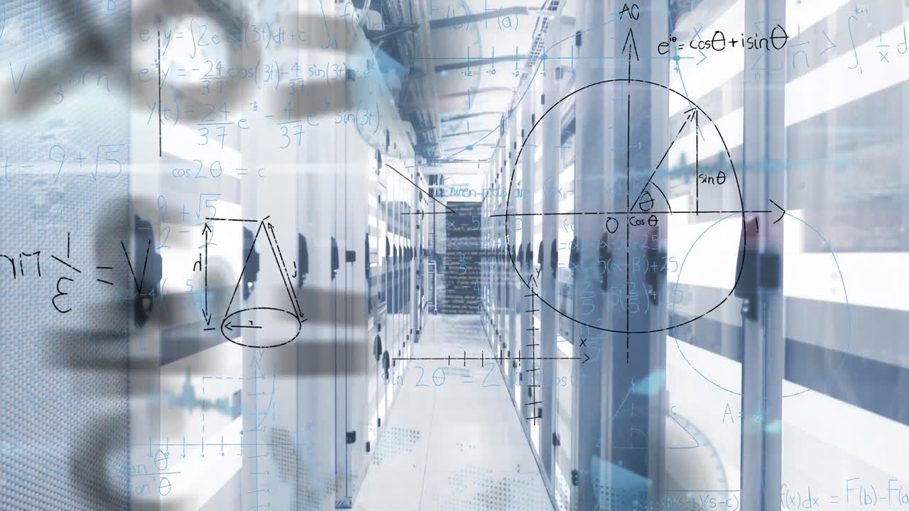 数学的方程式のアニメーションとサーバールームでのデータ処理