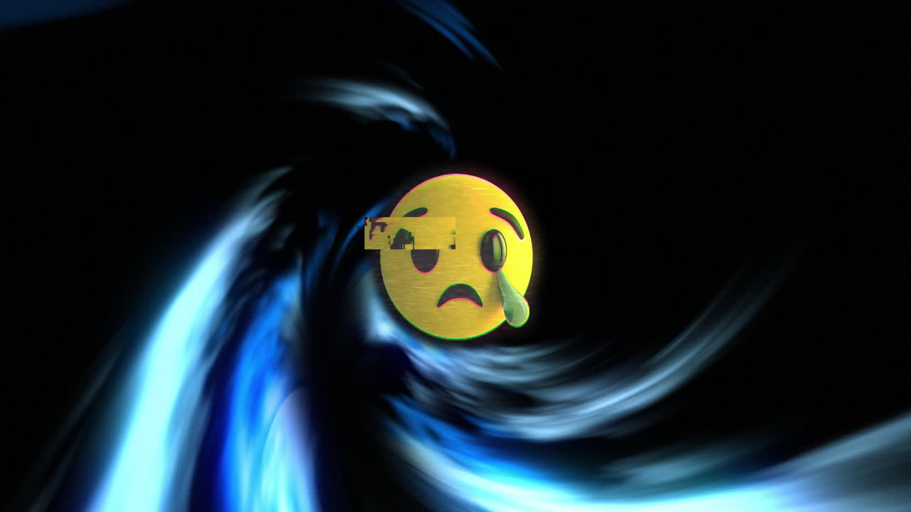 Emoji smutného obličeje se slzou přes animaci vířícího modrého a černého pozadí