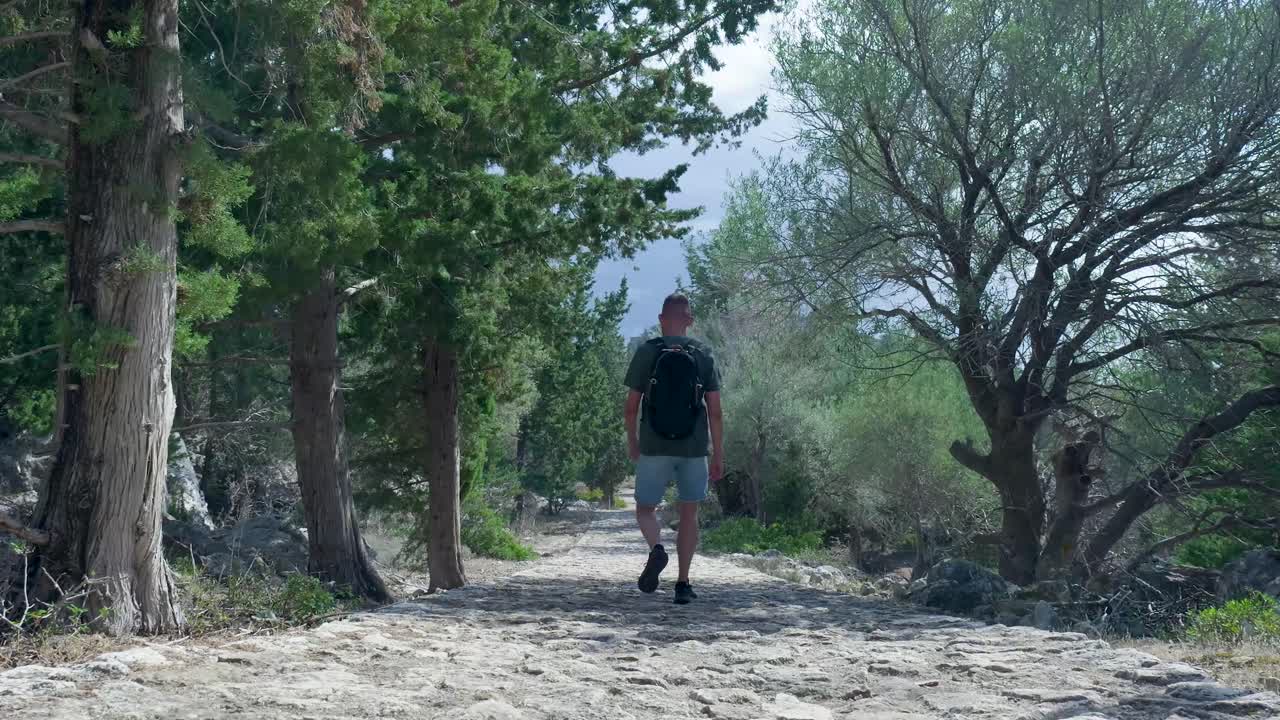 Man Hiking a Stone Path Through a Forest