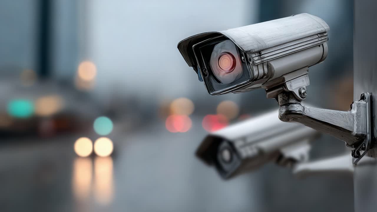 Surveillance Cameras Capturing Activity in an Urban Environment with Blurry Background Lights, Highlighting Security Monitoring and Technology