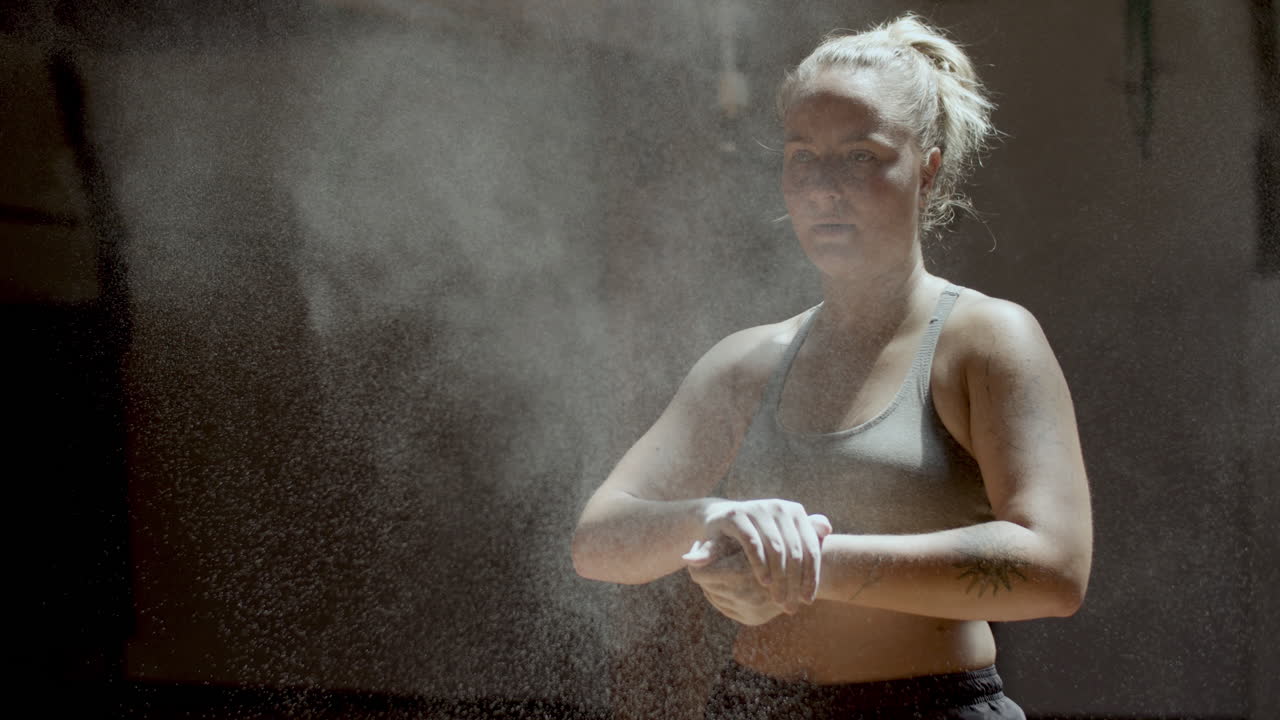 disparo medio de un atleta aplaudiendo las manos con polvo de magnesia