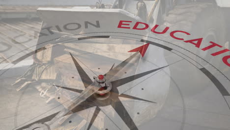 compass pointing towards education animation over construction machinery background