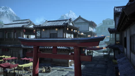 traditional japanese village with torii gate and lanterns