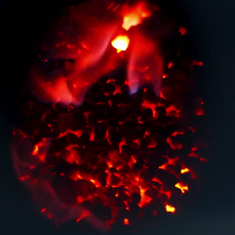 charcoal burning with red fire in the furnace of the elevator factory. heat from the fire which is used for heating the grain storage. high burning temperature charcoal close up