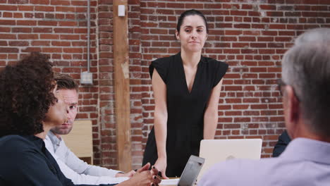 Joven-Empresaria-De-Pie-Y-Liderando-La-Reunión-De-Oficina-Alrededor-De-La-Mesa