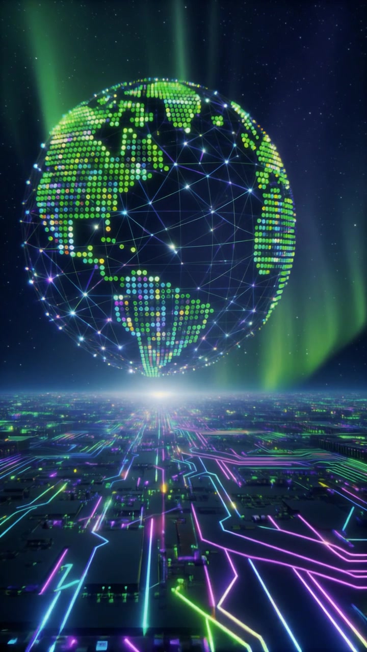 Globo digitale che fluttua sopra una scheda di circuito futuristica con Aurora Boreale
