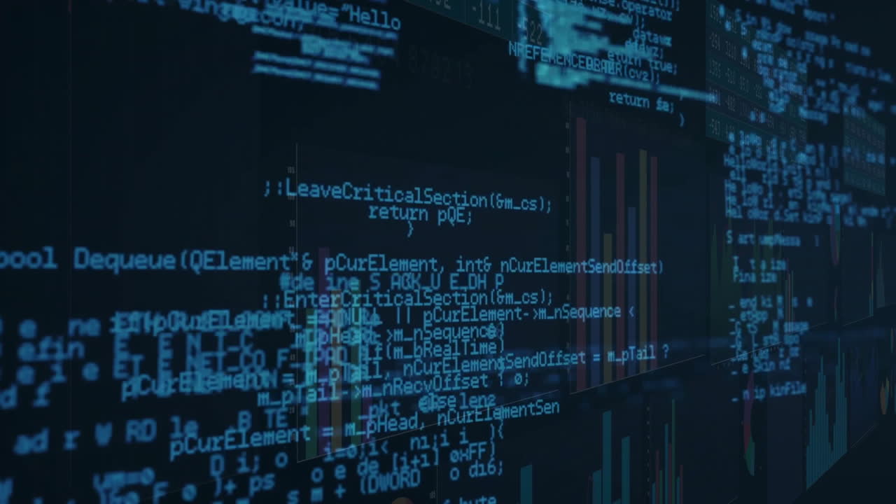 Animating computer code and data visualization over dark background