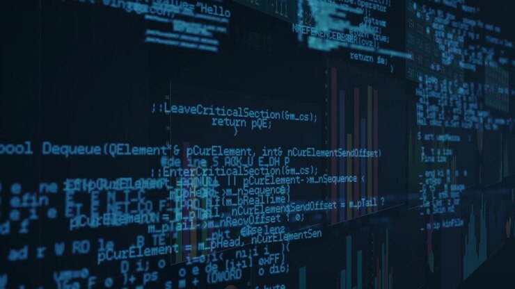Animating computer code and data visualization over dark background