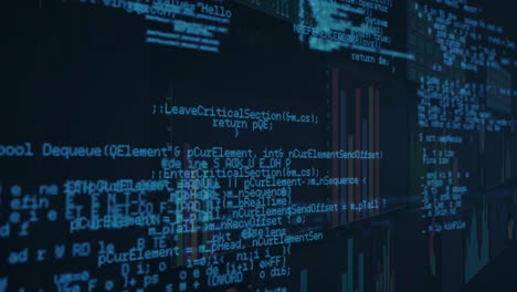 animazione del codice informatico e visualizzazione dei dati su sfondo scuro