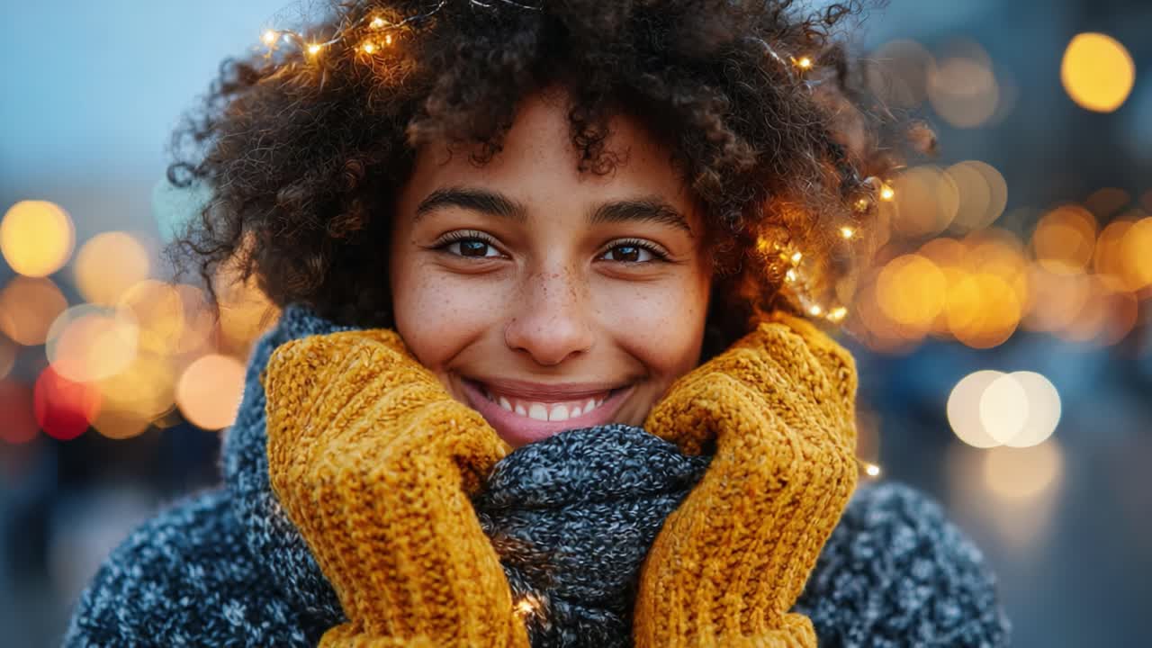 A joyful young person wrapped warmly in cozy knitwear, adorned with twinkling fairy lights, radiating happiness against a vibrant, blurred festive background