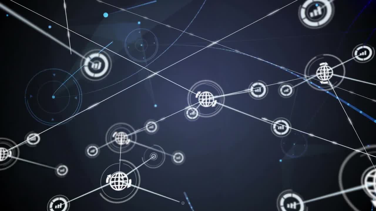 Animation of globe icons connecting dots, hud processing on digital interface with light beam