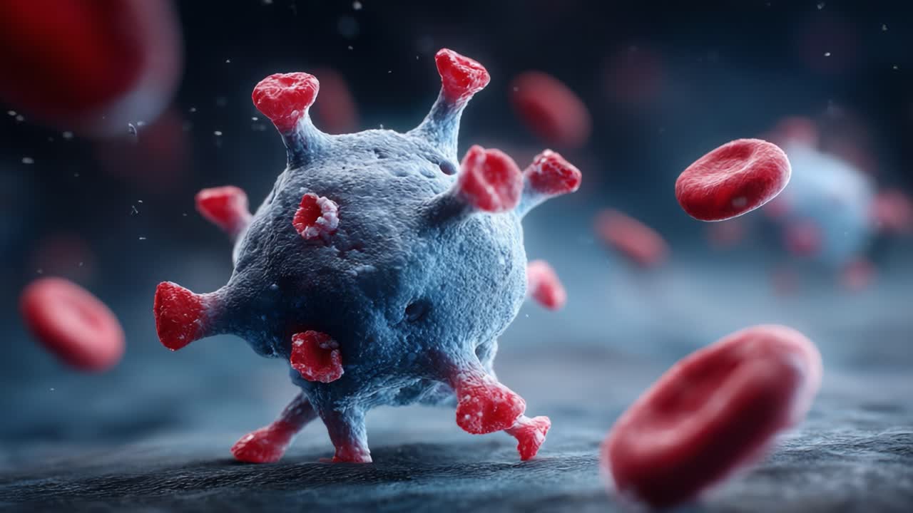 Visualizzazione ravvicinata di un virus con globuli rossi, che mette in risalto le complessità della vita microbica e la risposta immunitaria umana in un mondo microscopico