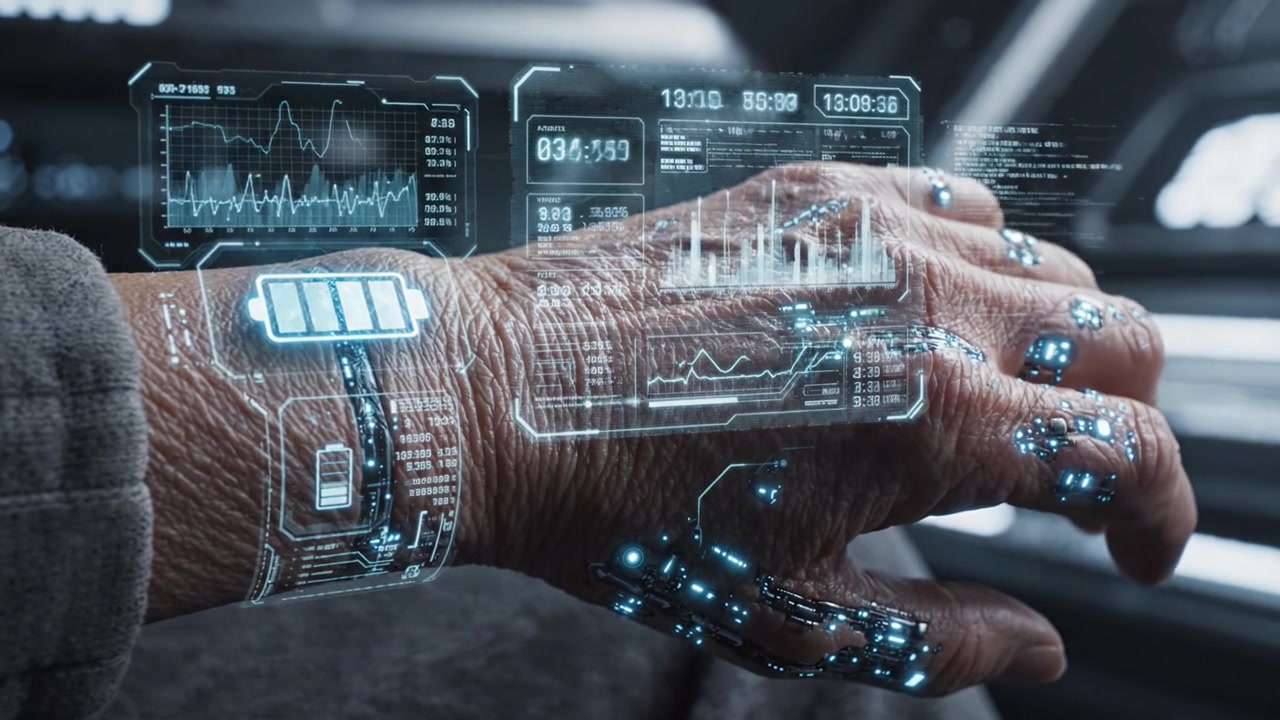 Futuristic Interface on Aging Hand: A Close-Up Exploration of a Cyborg's Wrist Displaying Vital Data and Energy Levels in a High-Tech Environment