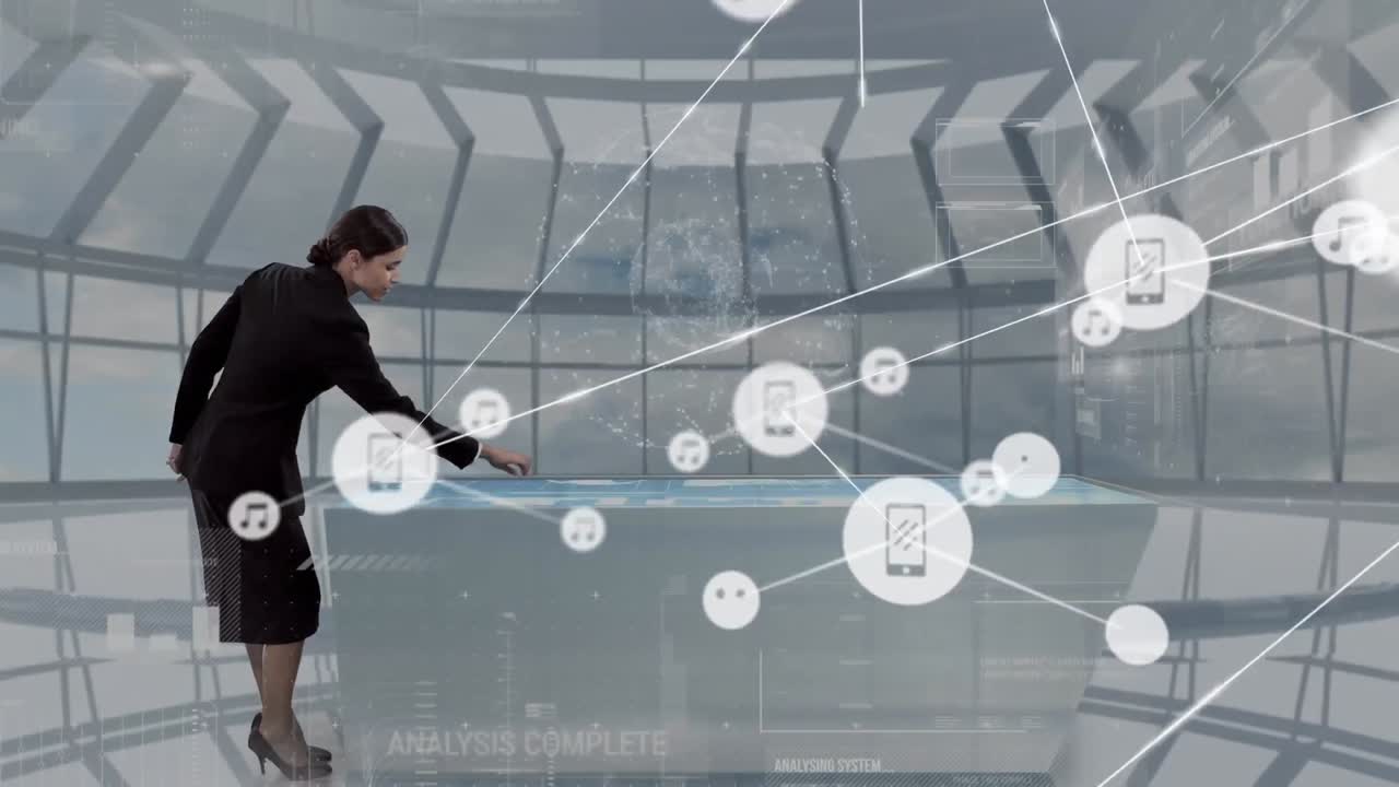 Animation of network of connections with icons over businesswoman using interactive screen