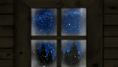 animation of snow falling over christmas trees seen through window