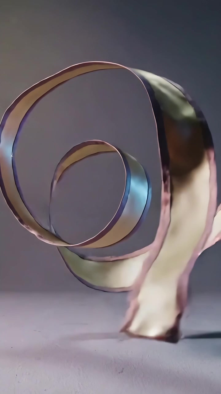 Vertical video: Curling metal ribbon lifting edge, spiraling on studio floor, showing bluish gleam