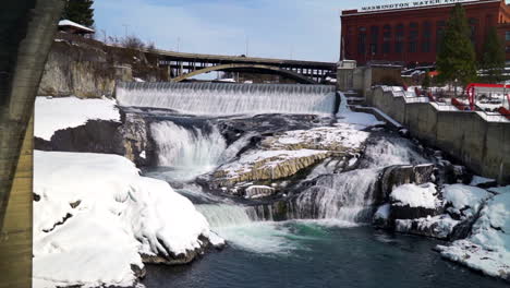 Bluebird-sunny-mid-winter-river-downtown-Spokane-riverfront-pan-Washington-snow-winter