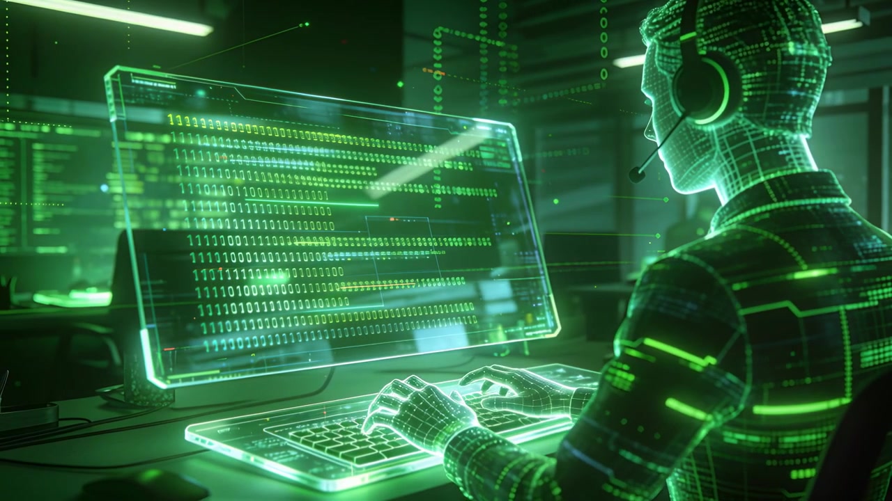 Reaccionando a un pico, un avatar de wireframe tecleando en la bahía de control, gestionando la interfaz de usuario con auriculares y líneas de datos.