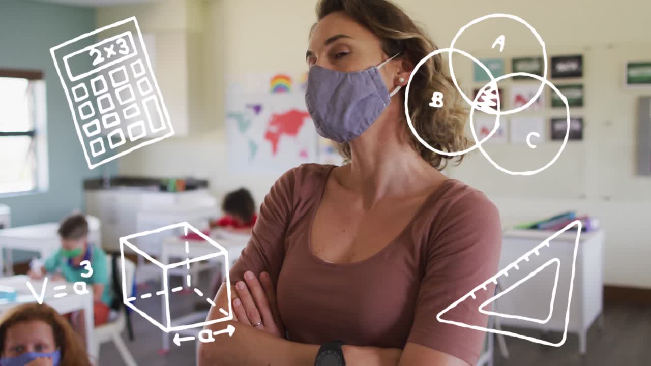 iconos del concepto de matemáticas contra la maestra caucásica que usa máscara facial en la escuela primaria