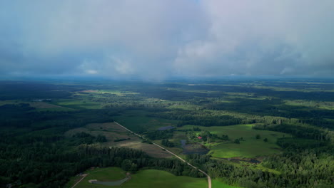 disparo lateral de un drone aéreo de un valle verde con árboles en un día nublado