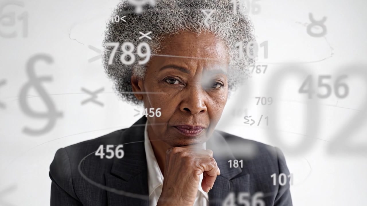 Un'anziana donna contemplativa con capelli grigi, in tailleur, che mostra un'espressione pensierosa, enfatizzando saggezza ed esperienza nel suo portamento, in un ambiente minimalista.