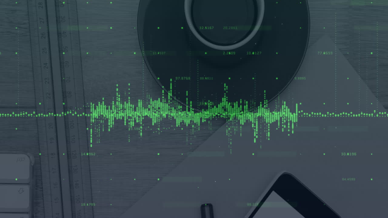 Animation of financial data processing over smartphone and coffee on desk