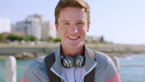 face, travel and funny with a man laughing outdoor