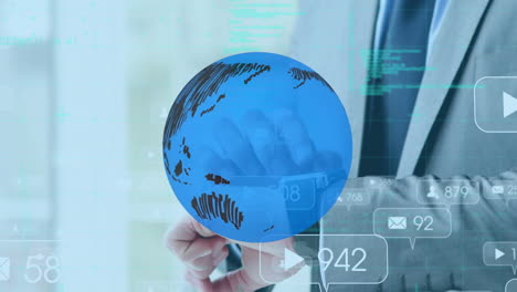 animation of globe and social media icons over businessman checking smartwatch