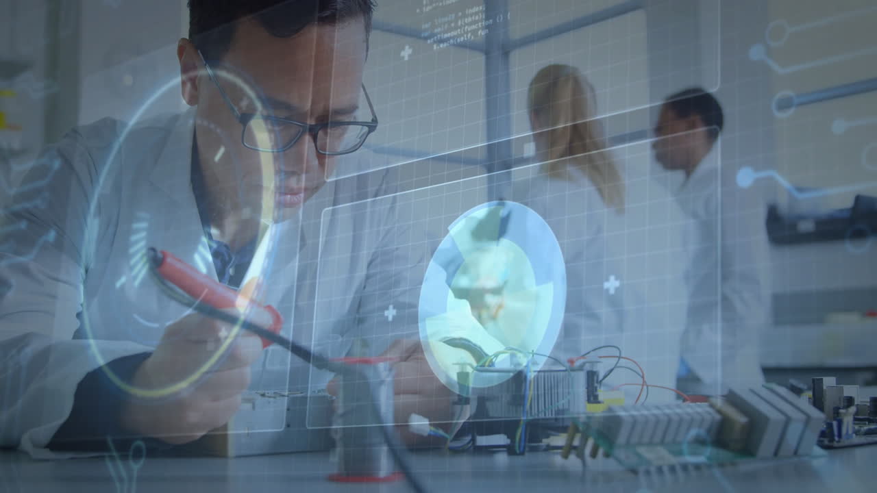 In laboratory, scientist working on electronics with animation of brain scan overlay