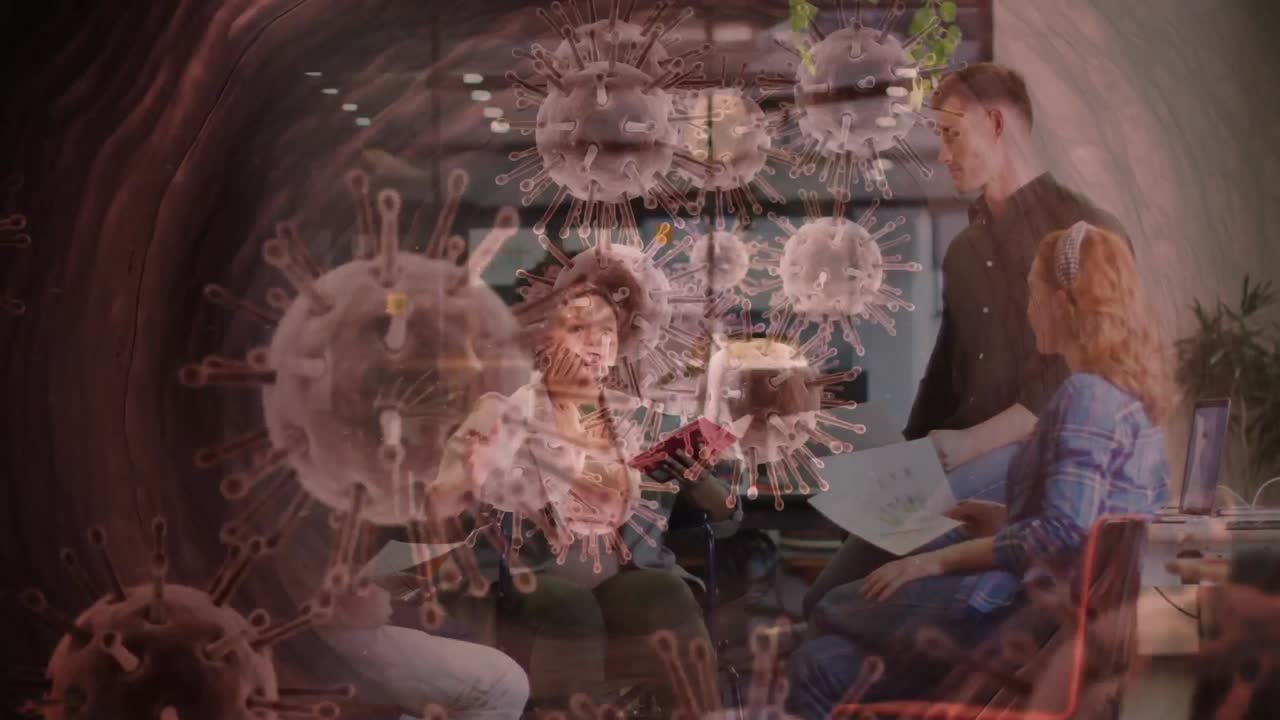 animación de células de virus sobre diversas personas de negocios
