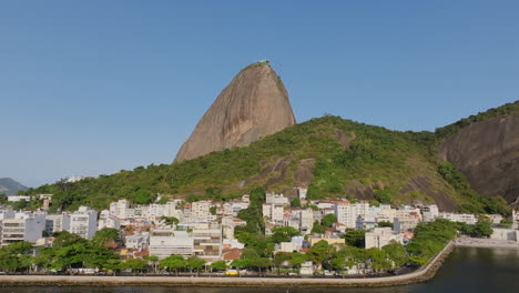 aerial footage flying a backwards over the water, revealing a neighborhood with cars driving on a road with sugarloaf mountain in the background in rio de janeiro brazil